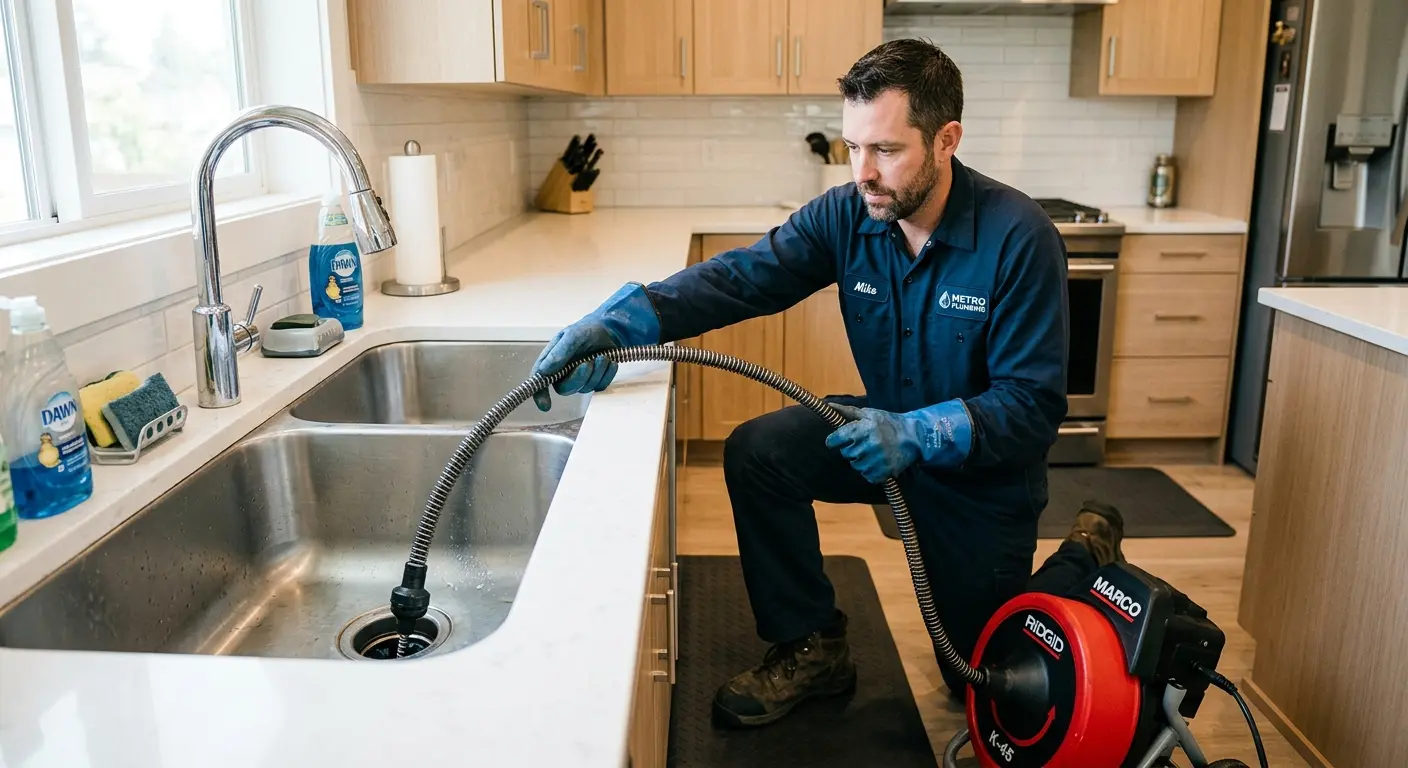 Drain cleaning technician using a motorized snake on a kitchen sink in Alhambra