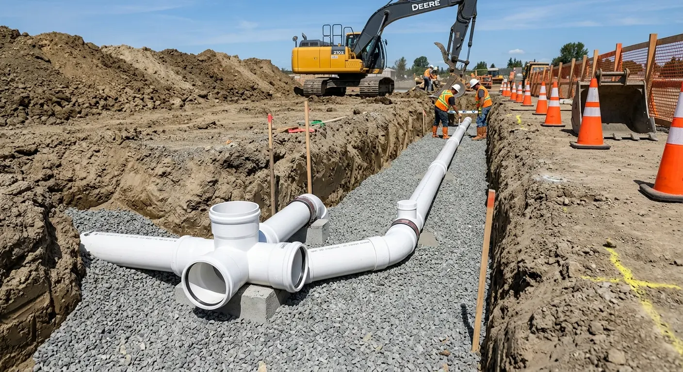 New PVC sewer pipe installation in open trench for Commercial Drain Cleaning in Alhambra