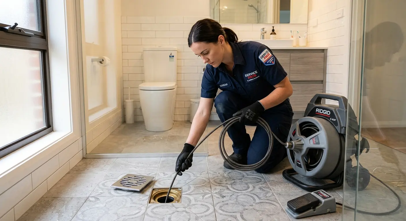 Technician clearing a bathroom floor drain for Clogged Drain Repair in Alhambra